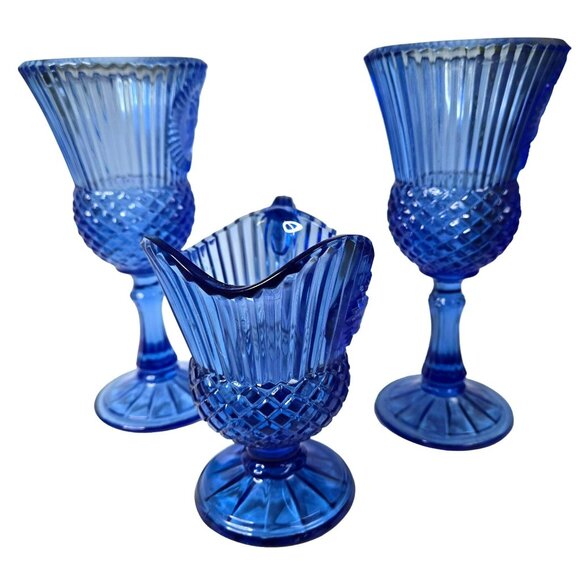 VTG 70s Blue Fostoria Avon George Martha Washington Goblets & Mt. Vernon Pitcher - Picture 2 of 9